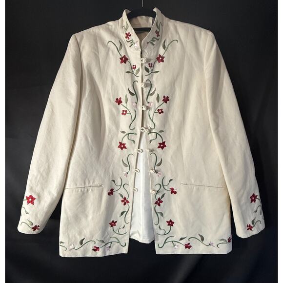 Kate Hill Jackets & Blazers - Kate Hill Linen Embroidered Jacket 16 Misses Mandarin Collar Floral Frog Button